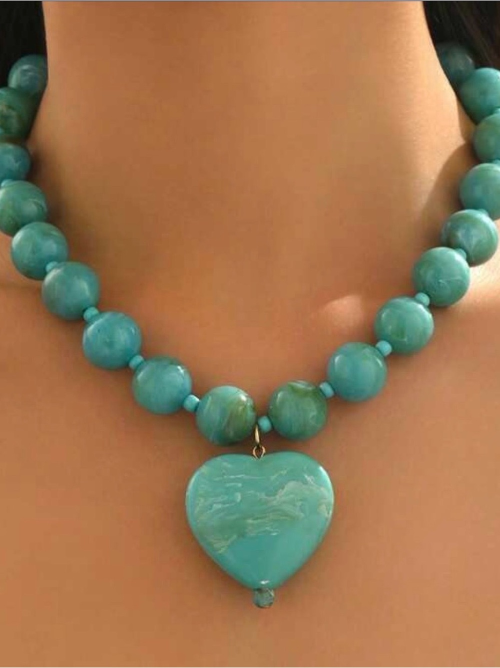 Turquoise Blue Beaded Heart Pendant Necklace